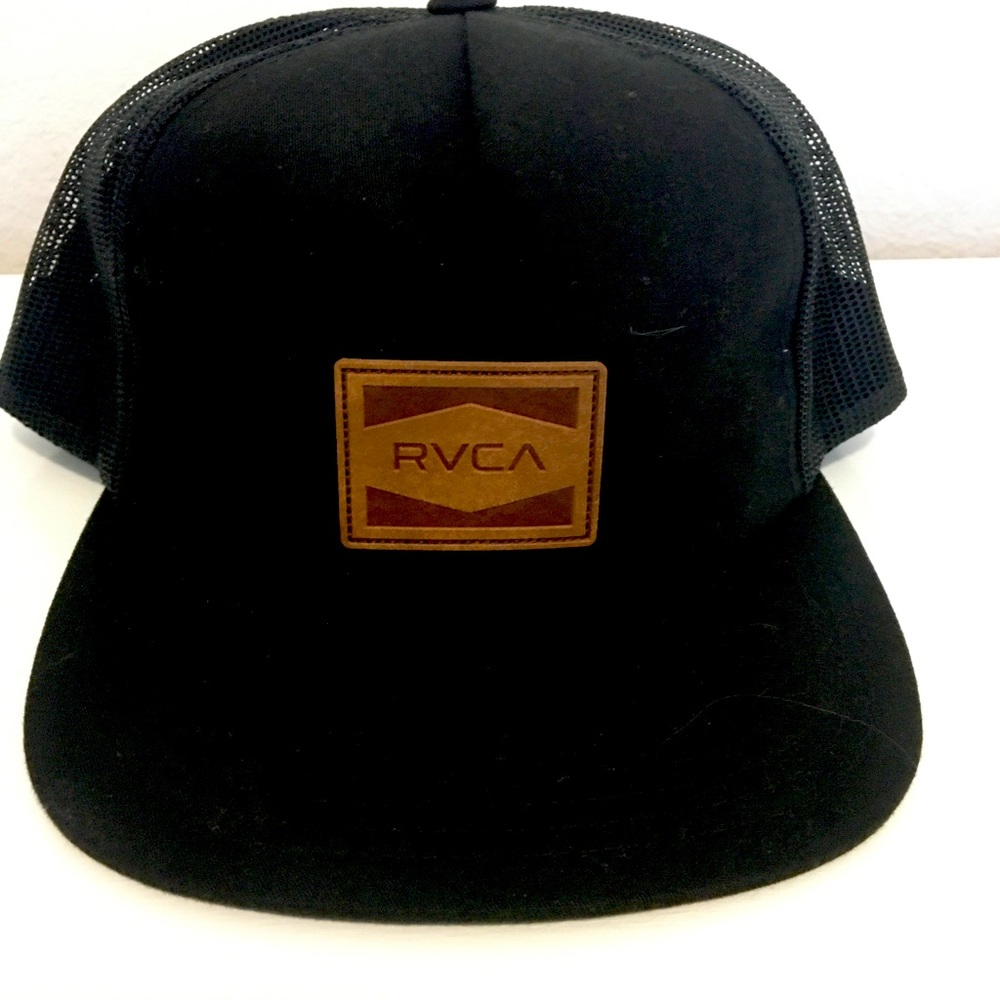 RVCA adjustable black hat with brown leather patch